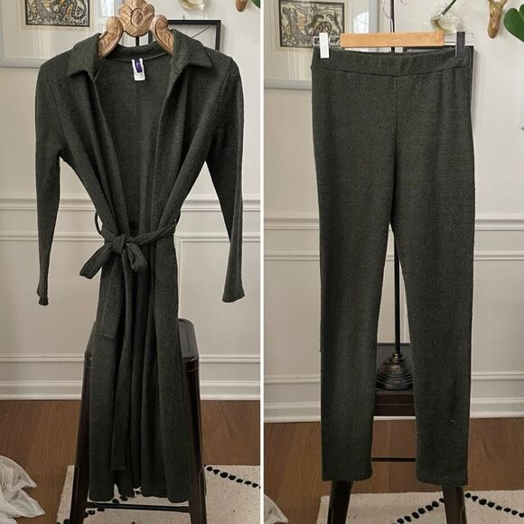 Vintage 90s Fashion Love Dark Green Sweater Pants Duster Cardigan L - Picture 1 of 8